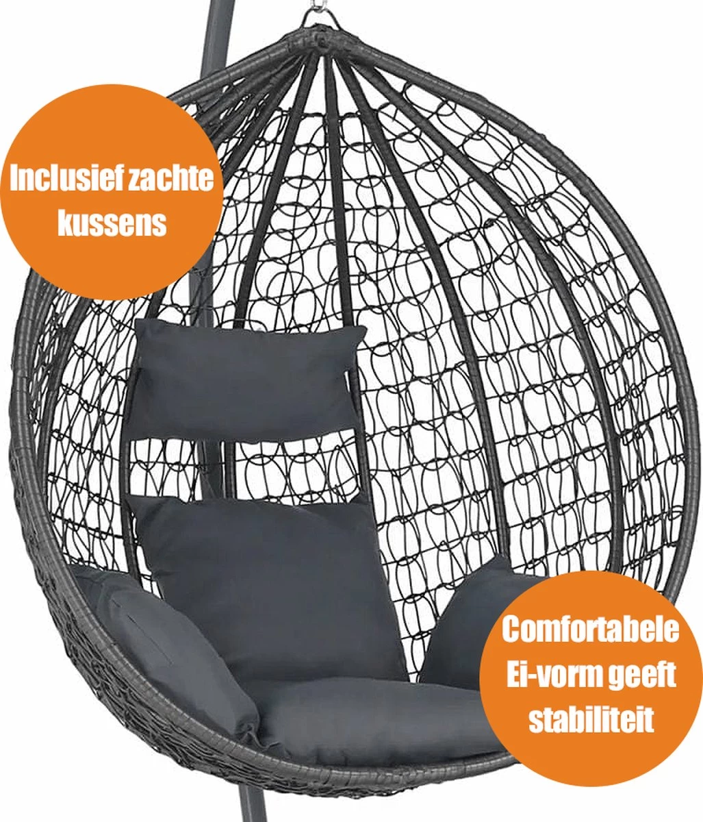 Bircim Hangstoel Ei/Egg-Vorm Met Dikke Kussens - Voor Binnen En Buiten - Incl. Standaard, Onderstel & Kussens - Antraciet - Afbeelding 4