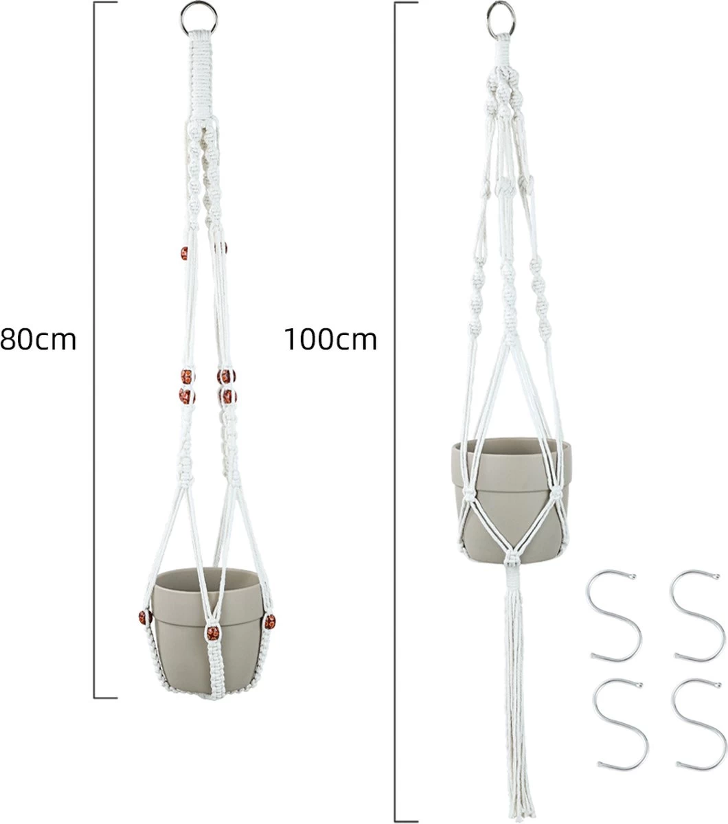 4 Stuks Luxe Macrame Plantenhangers - Boho Handgeweven Katoen Hangpot Voor Binnen/Buiten - Hangende Bloempot Met Kralen - Macramé Touw/Koord Hangplant Houder - Bohemian Wandhanger Decoratie - Plant Hanger - Verticale Tuin Bloempothouder Planthanger - Afbeelding 8