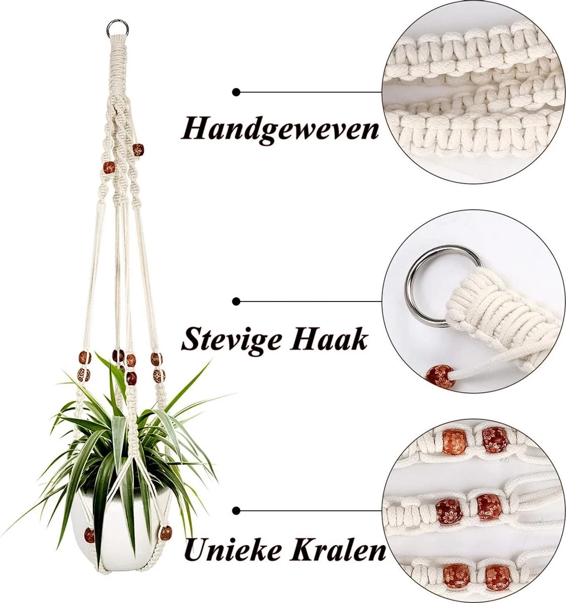 4 Stuks Luxe Macrame Plantenhangers - Boho Handgeweven Katoen Hangpot Voor Binnen/Buiten - Hangende Bloempot Met Kralen - Macramé Touw/Koord Hangplant Houder - Bohemian Wandhanger Decoratie - Plant Hanger - Verticale Tuin Bloempothouder Planthanger - Afbeelding 5