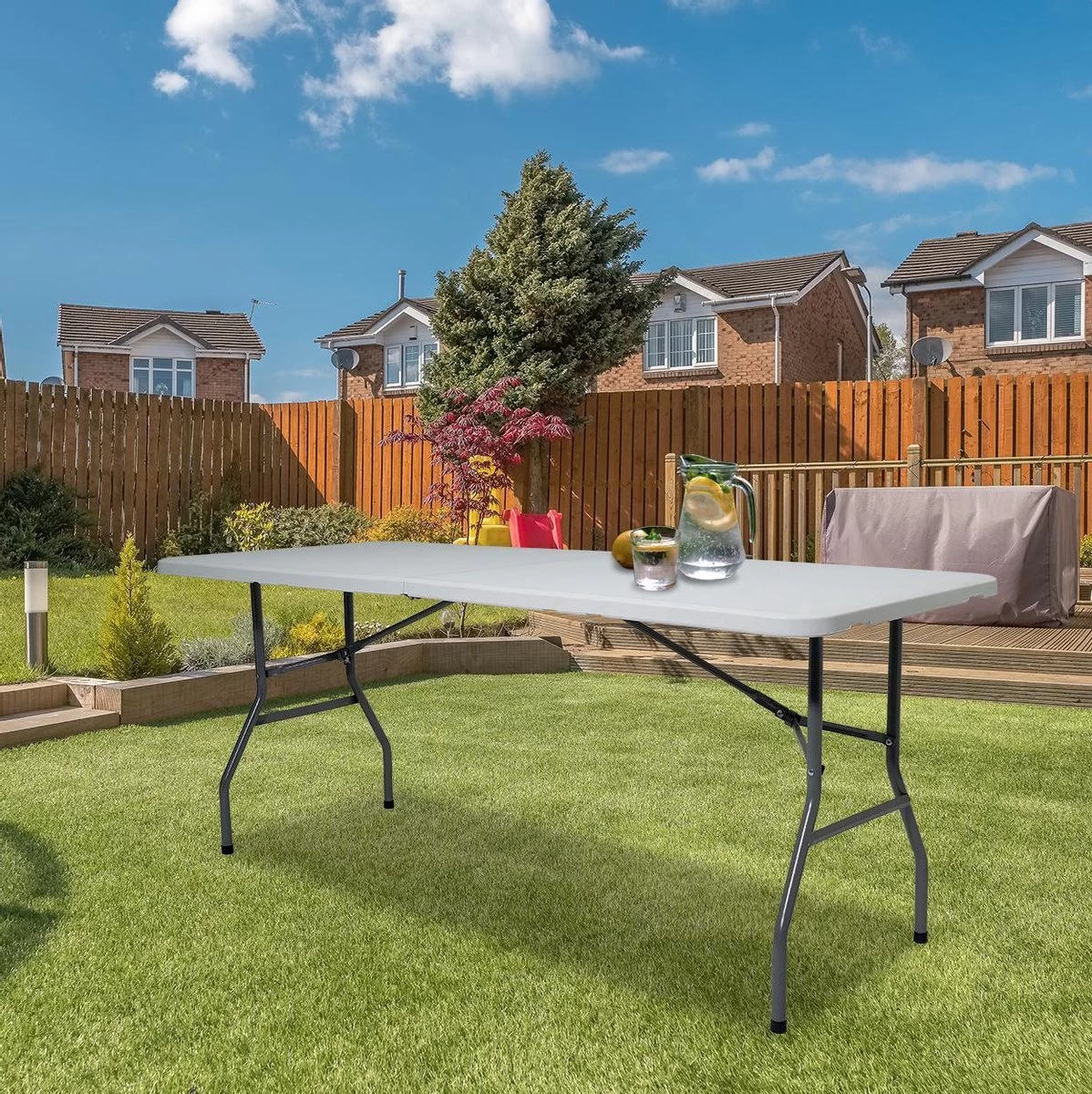 LifeGoods Klaptafel - Inklapbaar - 70x180cm - Verstelbare Vouwtafel - Weerbestendig - Wit - Afbeelding 7