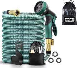IBright Extra Sterke Uitrekbare Tuinslang - Flexibel - 15 Meter - Inclusief Opbergtas ,Sproeier ,Koppelstuk En Ophanghaak - Groen