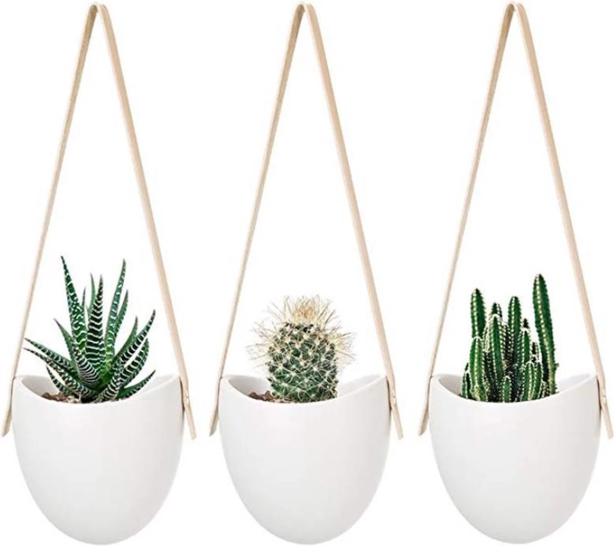 Merkloos Plantenhanger Keramiek – Set Van 3 – Steen- Hangpot – Hangende Bloempot Plantenpot Met 3 Verschillende Koorden – 12 X 11 X 9.5 Cm