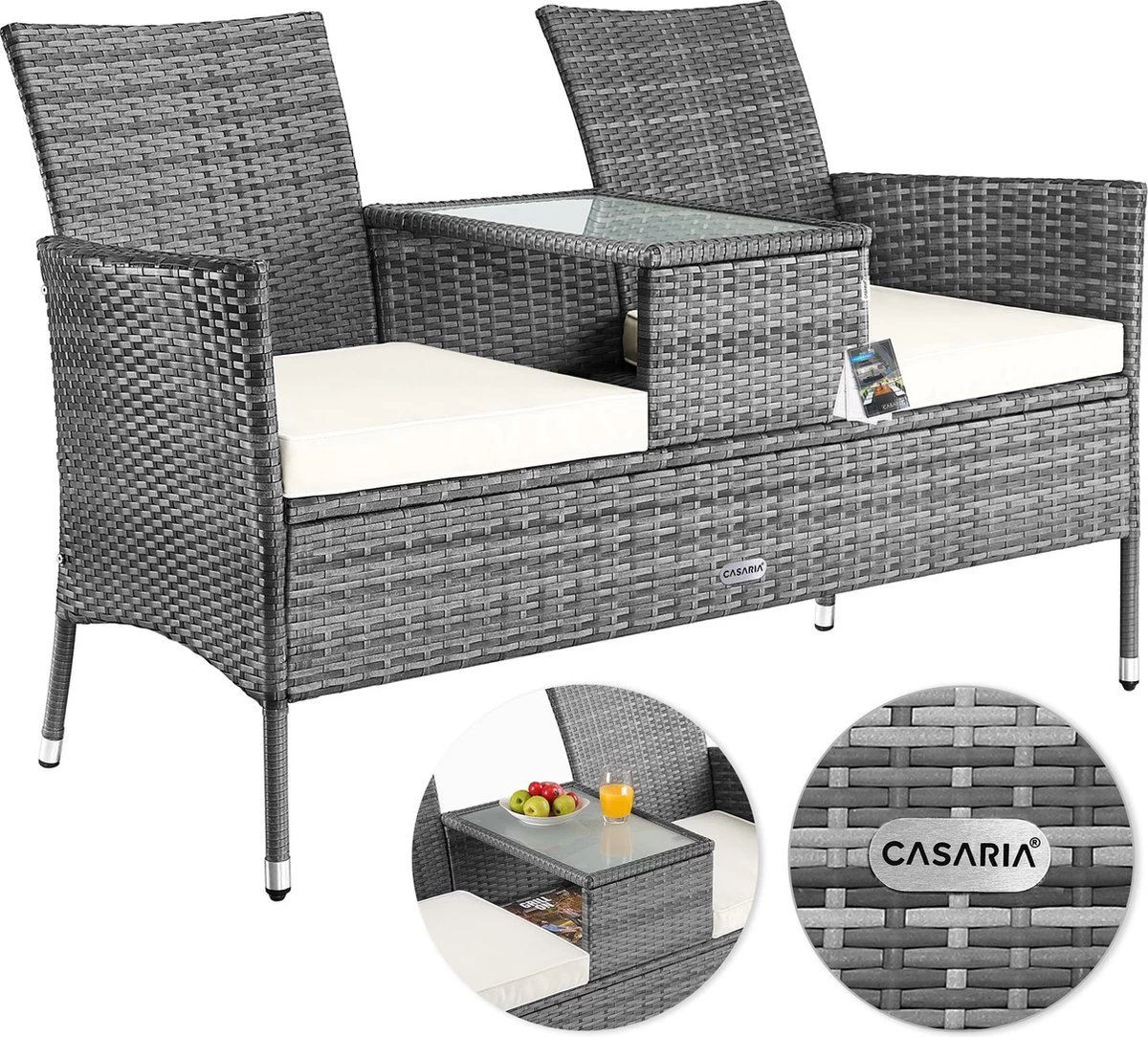 Casaria Polyrattan Tuinbank - Incl. Tafel & Kussens 7 Cm - Grijs - Afbeelding 8