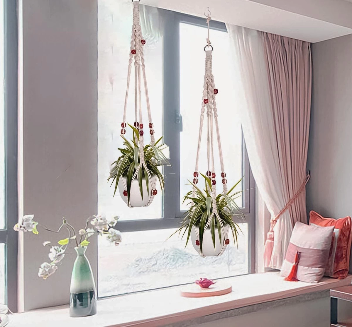 4 Stuks Luxe Macrame Plantenhangers - Boho Handgeweven Katoen Hangpot Voor Binnen/Buiten - Hangende Bloempot Met Kralen - Macramé Touw/Koord Hangplant Houder - Bohemian Wandhanger Decoratie - Plant Hanger - Verticale Tuin Bloempothouder Planthanger - Afbeelding 10