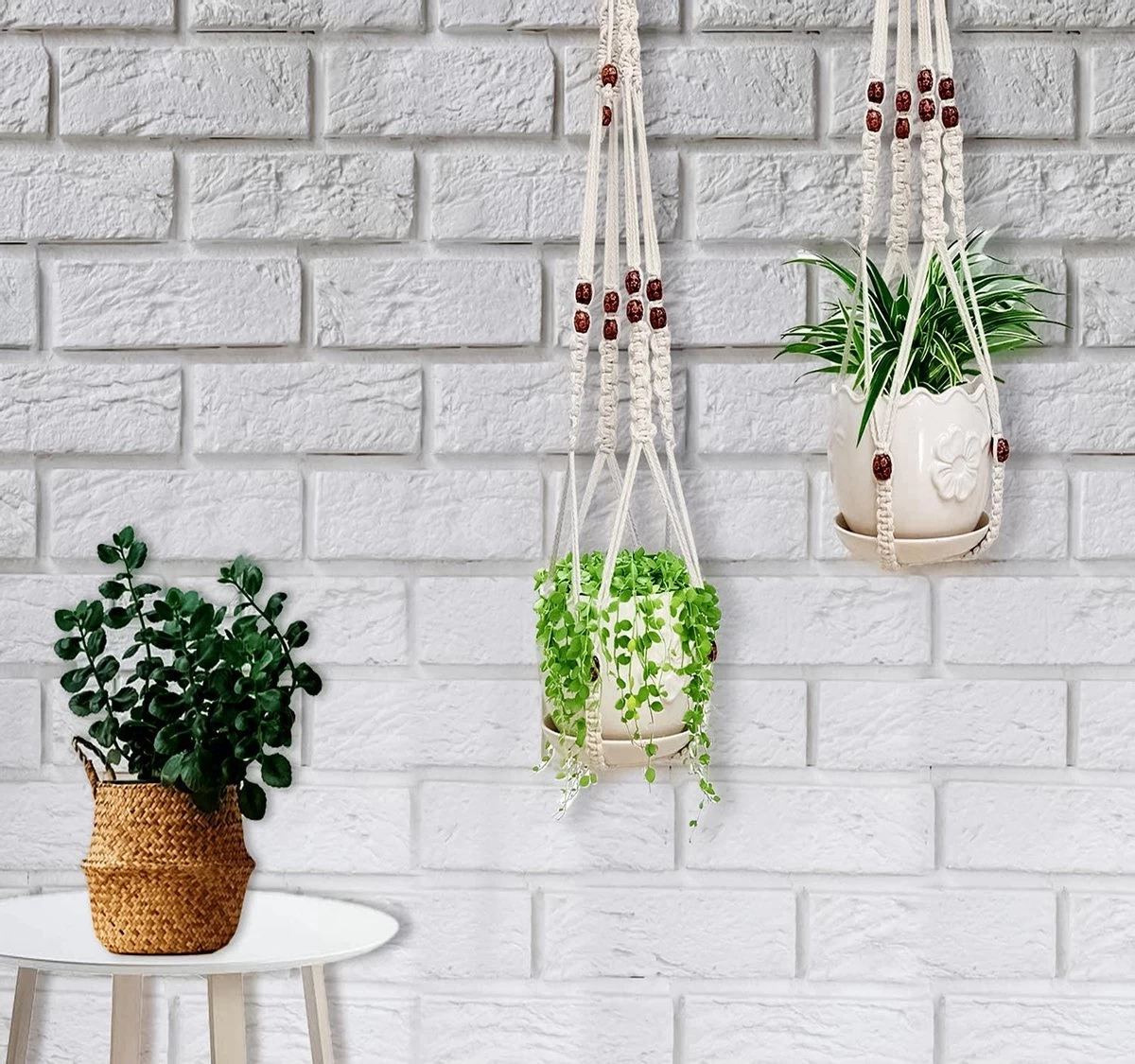 4 Stuks Luxe Macrame Plantenhangers - Boho Handgeweven Katoen Hangpot Voor Binnen/Buiten - Hangende Bloempot Met Kralen - Macramé Touw/Koord Hangplant Houder - Bohemian Wandhanger Decoratie - Plant Hanger - Verticale Tuin Bloempothouder Planthanger - Afbeelding 4