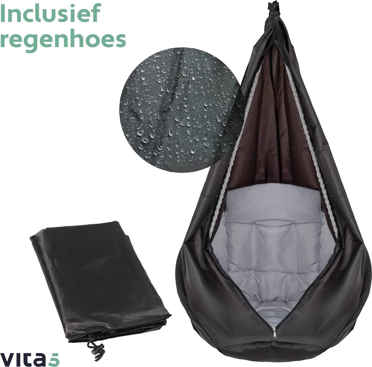 Vita5 Macramé Hangstoel - Voor Binnen En Buiten - Zonder Standaard - Incl. Kussen, Boekenvak En Beschermhoes - Tot 150kg - Grijs - Afbeelding 9