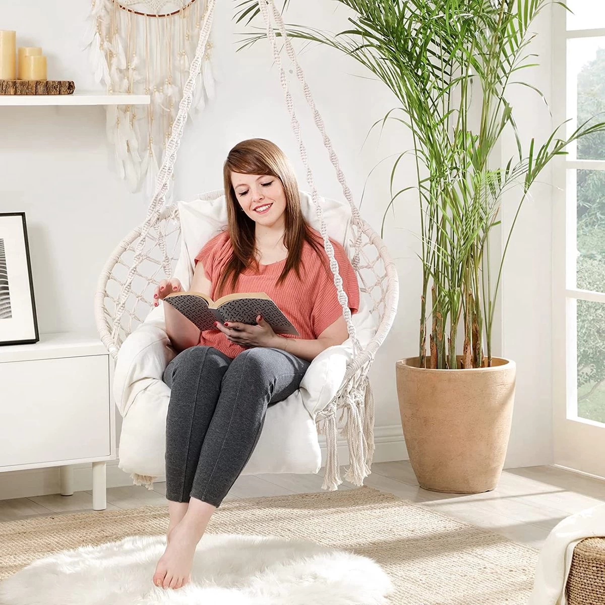 Hangstoel, Hangschommel, Hangstoel Met Een Dik Kussen, Tot 120 Kg Belastbaar, Voor Tuin, Balkon, Woonkamer, Terras, Scandinavische Stijl, Modern, Beige HMDC042M01 - Afbeelding 7