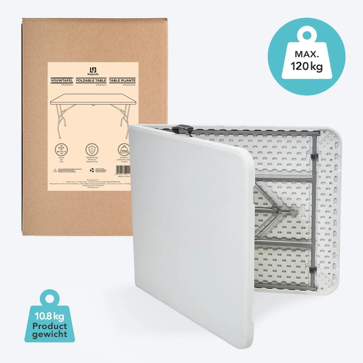 LifeGoods Klaptafel - Inklapbaar - 70x180cm - Verstelbare Vouwtafel - Weerbestendig - Wit - Afbeelding 4
