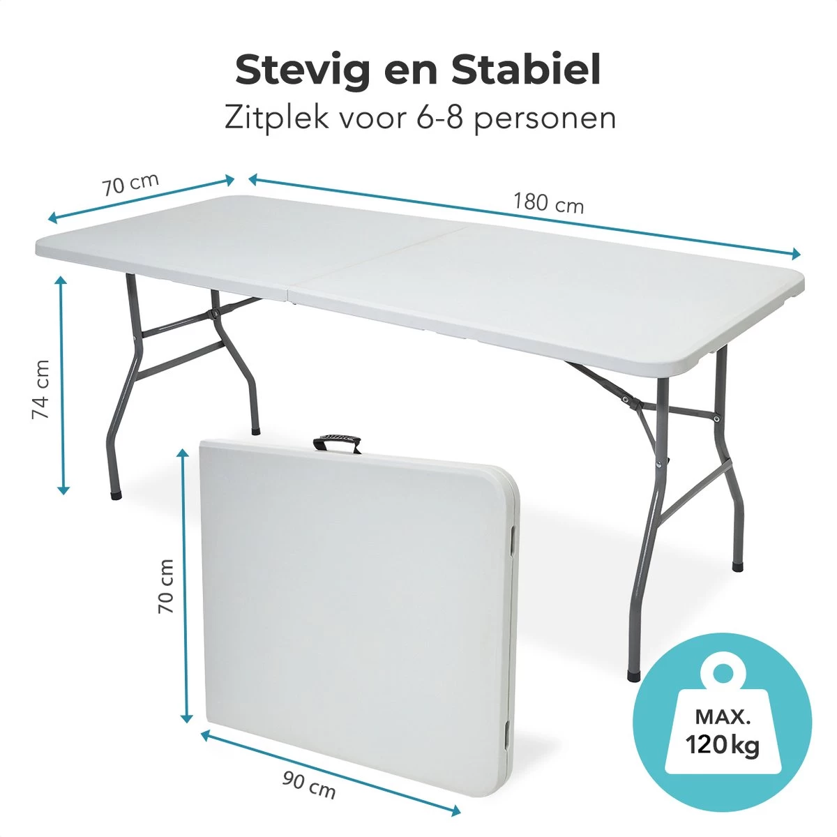 LifeGoods Klaptafel - Inklapbaar - 70x180cm - Verstelbare Vouwtafel - Weerbestendig - Wit - Afbeelding 8