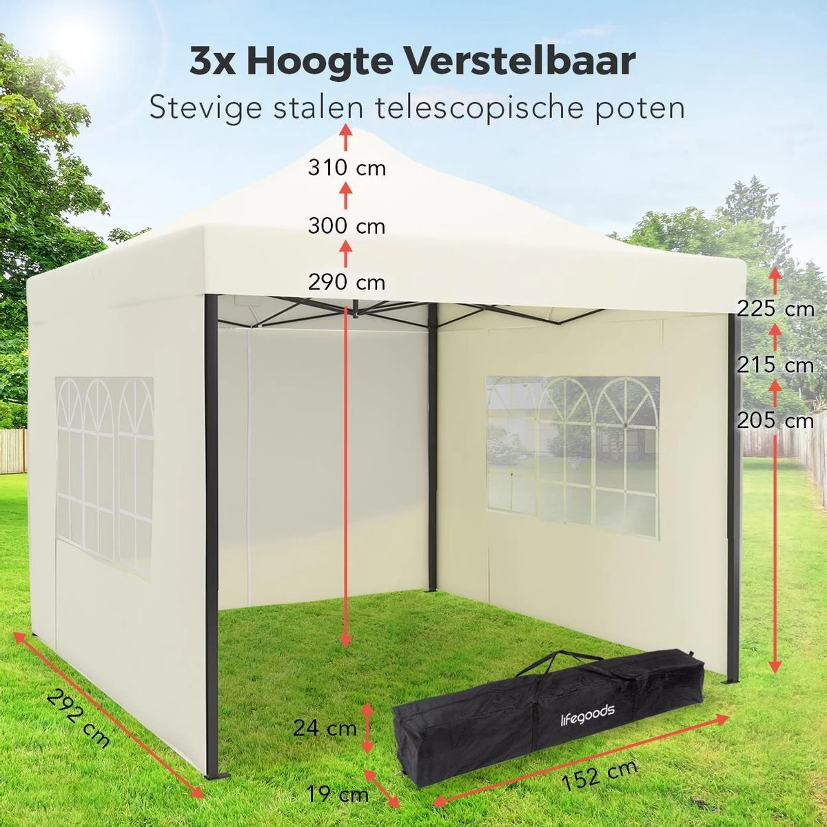 LifeGoods Partytent - 3x3 M - Zijwanden - Easy Up - Opvouwbaar - Waterdicht - Draagtas Met Wieltjes - Beige - Afbeelding 3
