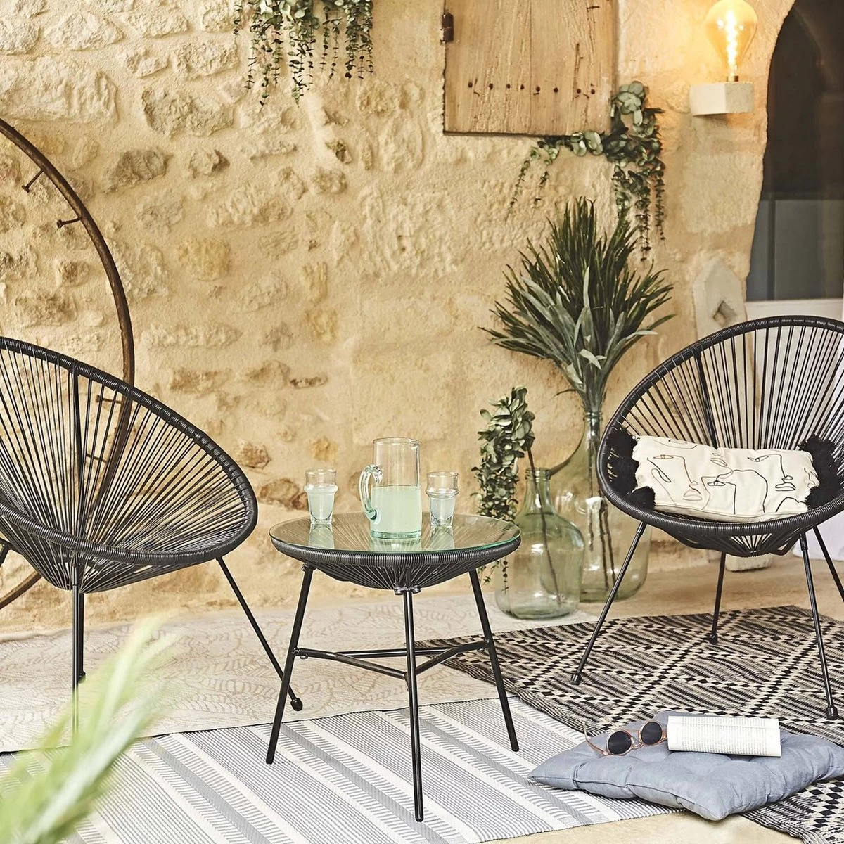 Set Van 2 Design Stoelen Ei-vormig - Acapulco Zwart - Stoelen 4 Poten Retro Design, Plastic Koorden, Binnen/buiten - Afbeelding 4