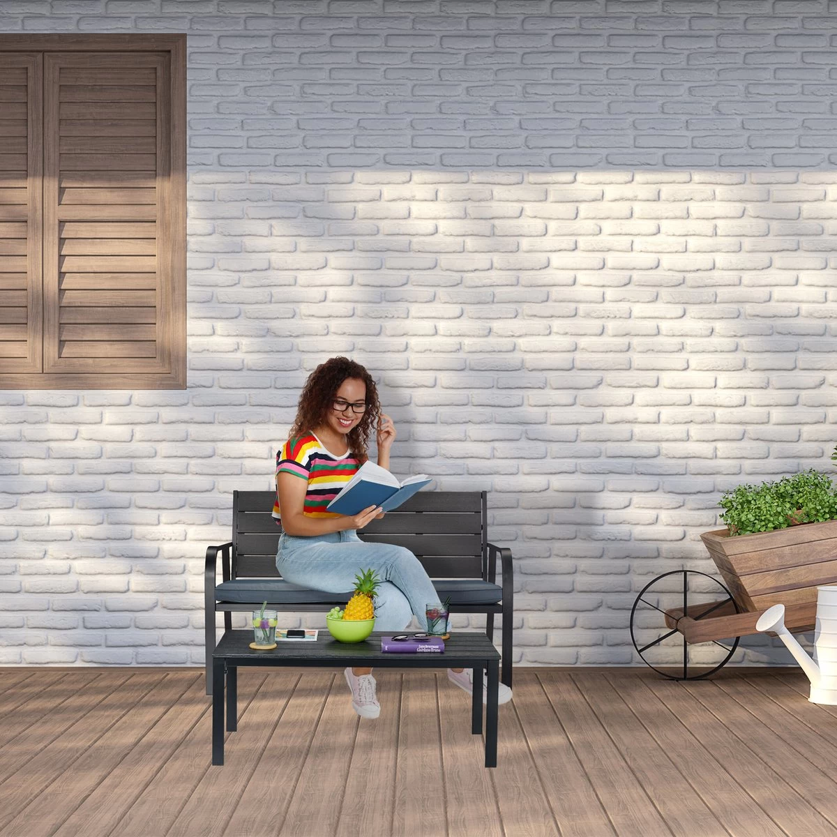 Relaxdays Tuinbank Met Kussen - 2 Zits Buitenbank Metaal - Balkonbank Kunststof - Voortuin - Afbeelding 2