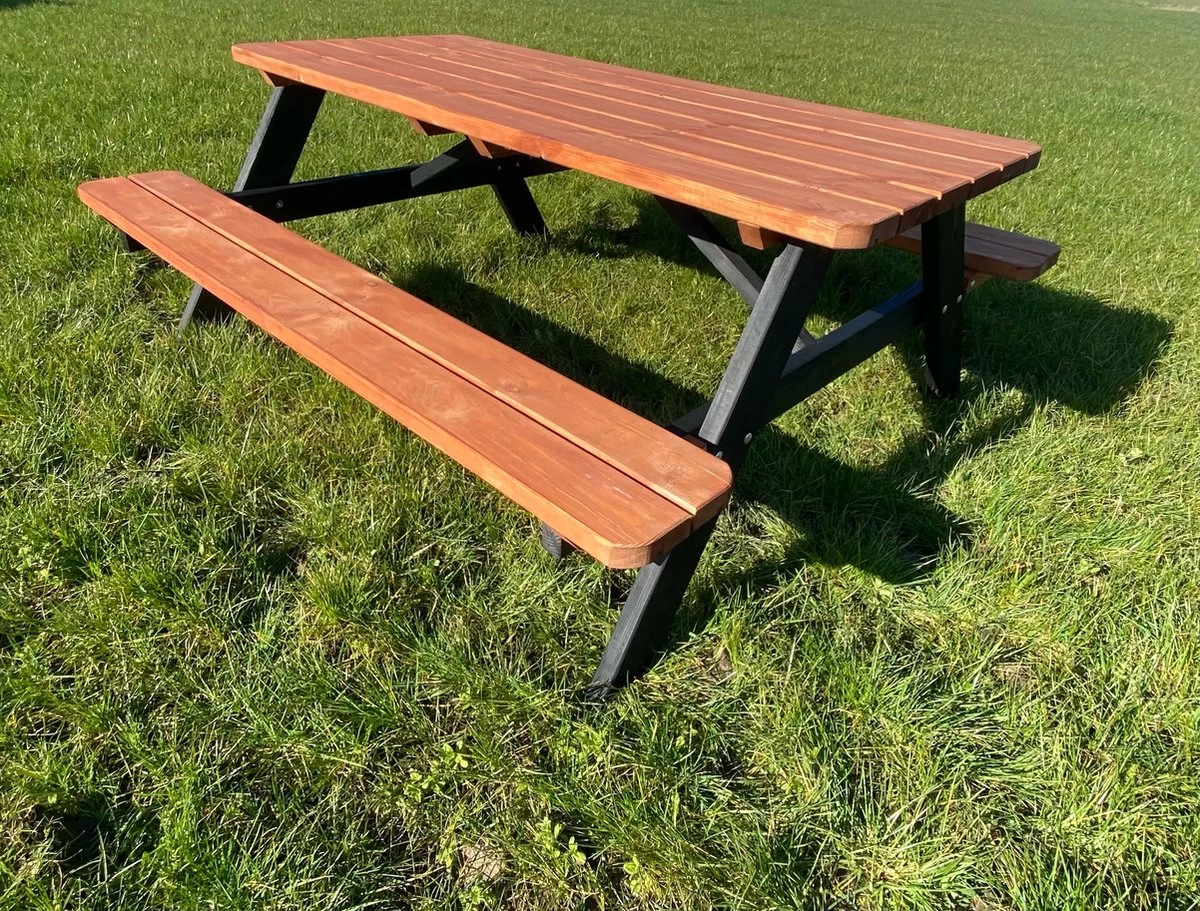Goedkopepicknicktafels.nl | Zwart Bruine XL Picknicktafel Bruno | Tuintafel 6 Persoons | Bruin Zwart Gespoten Gedroogd Grenen Hout!