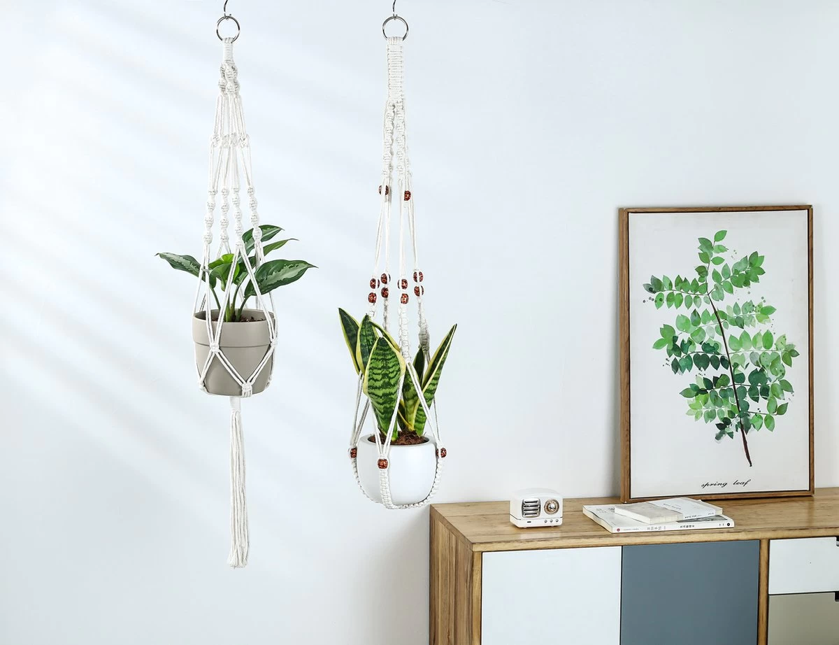 4 Stuks Luxe Macrame Plantenhangers - Boho Handgeweven Katoen Hangpot Voor Binnen/Buiten - Hangende Bloempot Met Kralen - Macramé Touw/Koord Hangplant Houder - Bohemian Wandhanger Decoratie - Plant Hanger - Verticale Tuin Bloempothouder Planthanger - Afbeelding 2