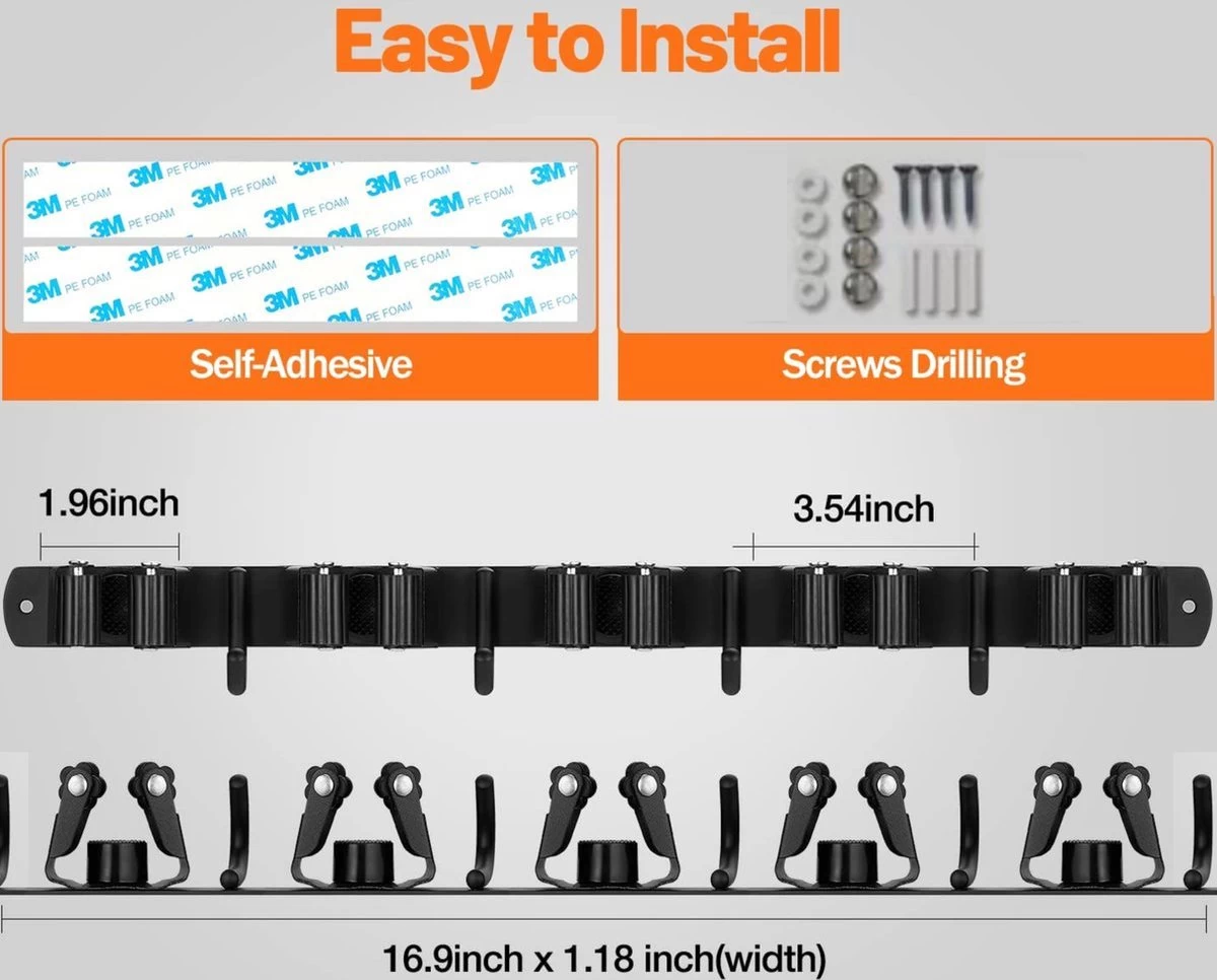 BOTC Bezemhouder - 5 Houders 6 Haken - Gereedschapshouder - Zeflklevend - Bezem Ophangsysteem - Ophanghaken - Tuingereedschap - Afbeelding 7