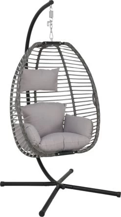 Pro Garden Lowander Hangstoel Egg 191x126x126- Schommelstoel Met Rattan Cocoon En Robuust Stalen Standaard Incl. Kussens - Volledig Inklapbaar - Lichtgrijs